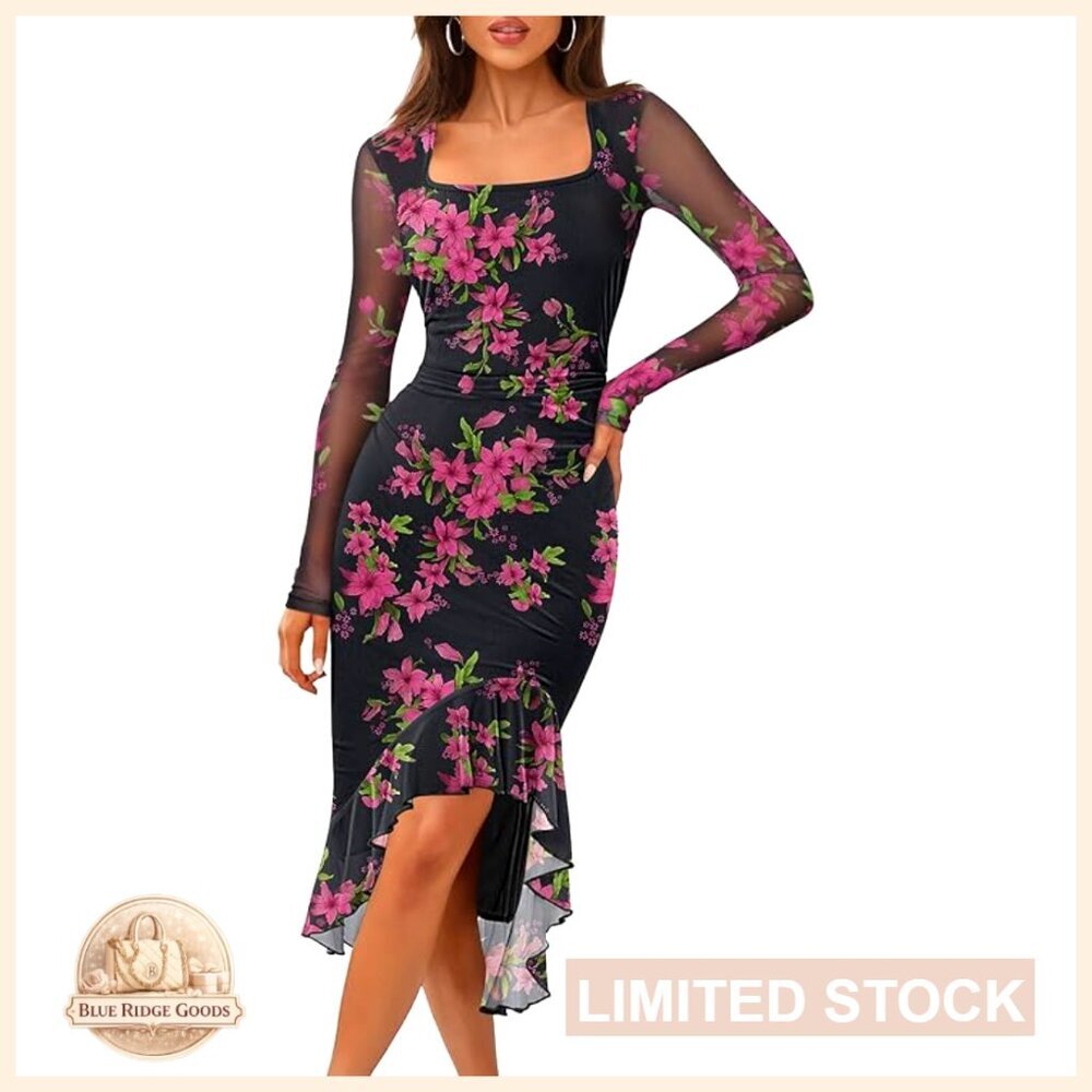 Floral Mesh Bodycon Midi Dress Long Sleeve Square Neck Ruched Cocktail Party